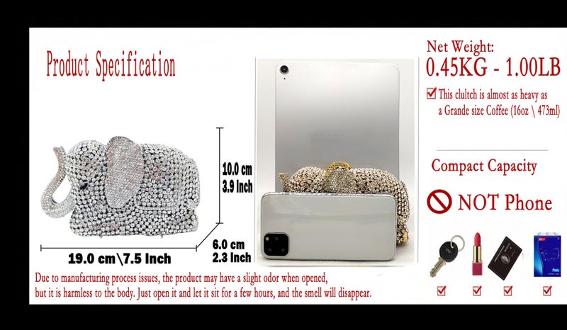 Boutique De FGG Elephant Clutch Purse Women Animal Rhinestone Evening Handbags Bridal Party Prom Crystal Minaudiere Bag,Mini,Gold - Image 2